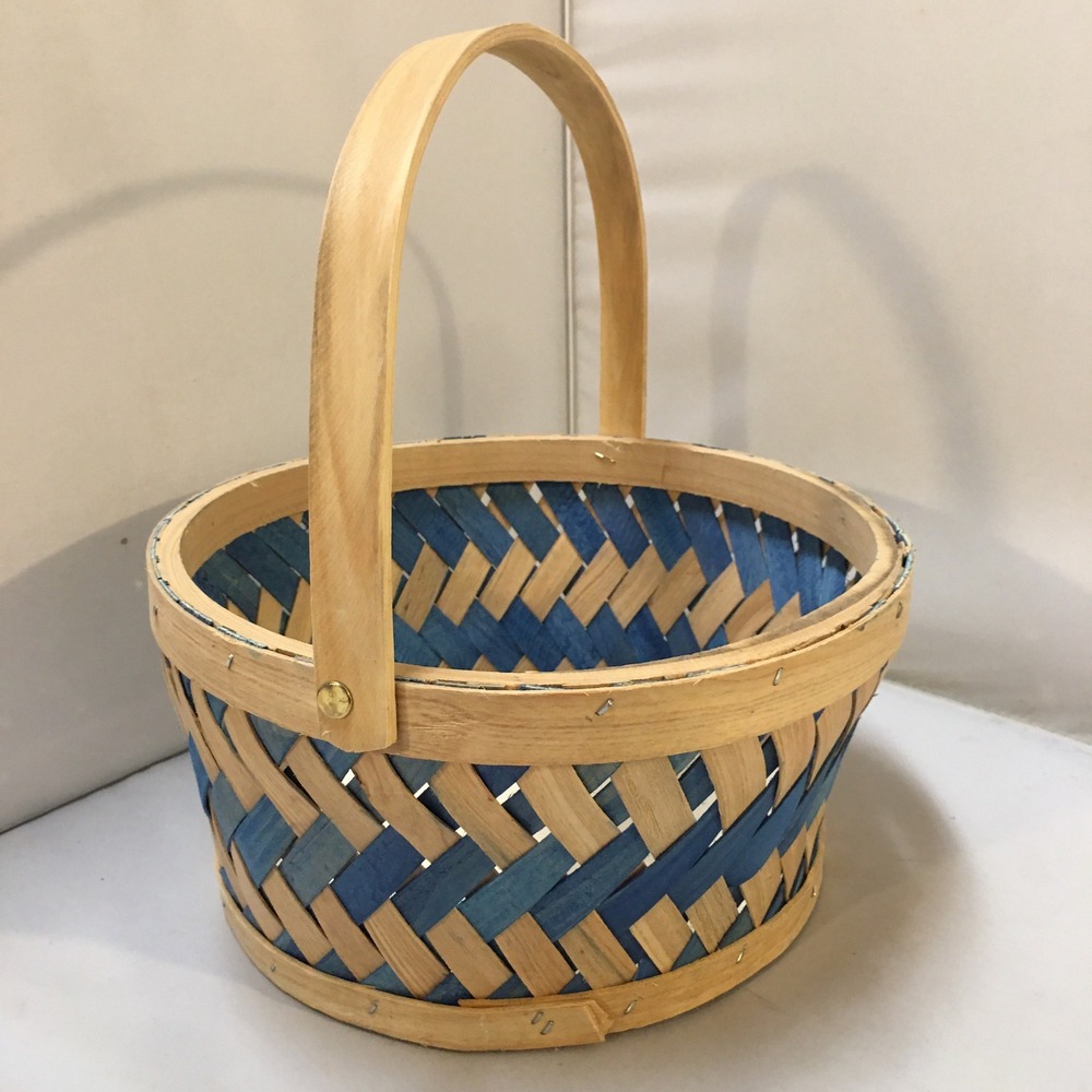 Woven Wood Basket Unisex Medium Blue Natural Slats Swing Handle Holiday